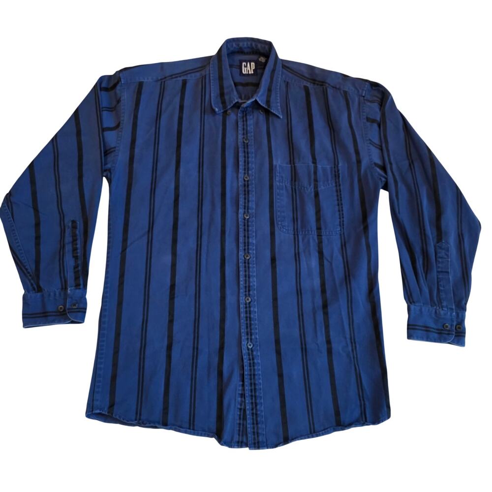 Vintage 90s Gap Blue Black Vertical Stripe Button Up Shirt Large Kurt Cobain